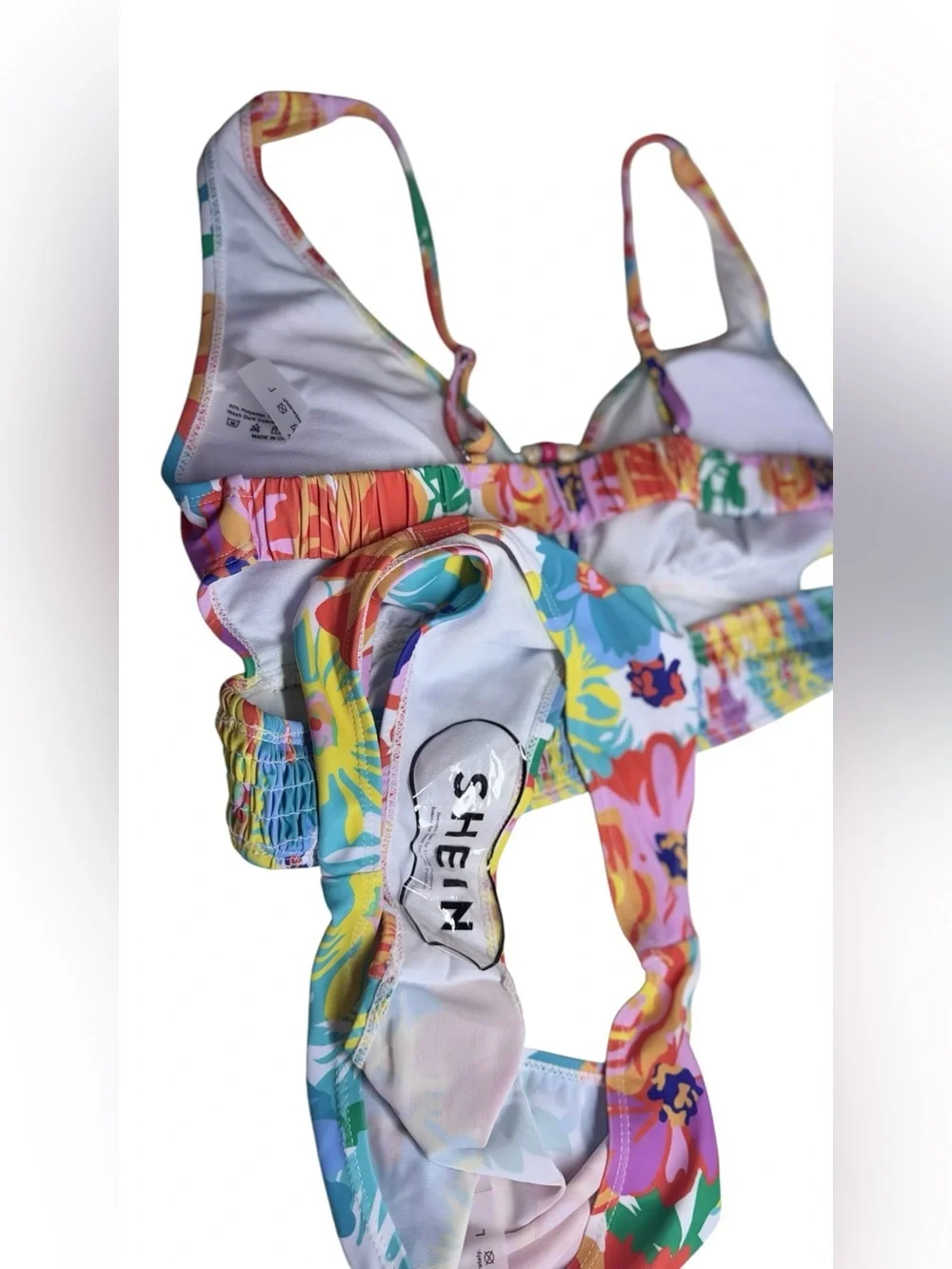 SHEIN Tropical Floral High Waist Bikini Set Vibrant Smocked Crop Top Large